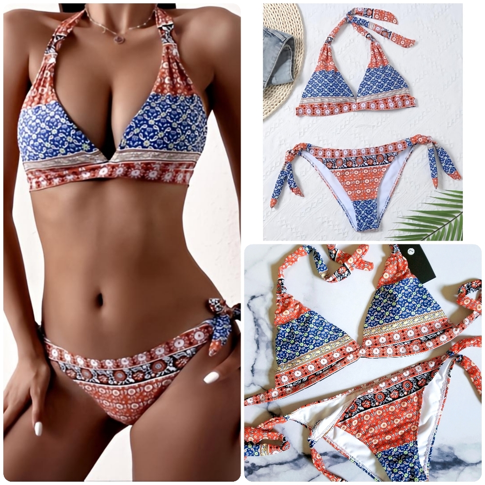 PLZ READ INFO IN DETAILS Boho Halter Bikini Top and Self-Tie Bikini Bottom Set